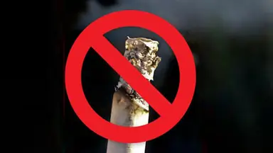 photo of burning cigarette with red no smoking warning